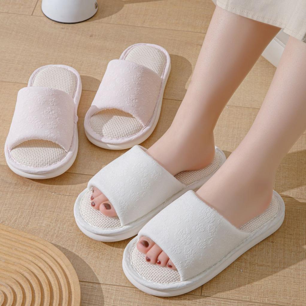 Elegante Hausschuhe mit Fell Leinenhausschuhe Indoor Mädchen Geprägte Sandalen Hausschuhe Frühling und Sommer Stoff Baumwollhausschuhe Hausschuhe Rosa