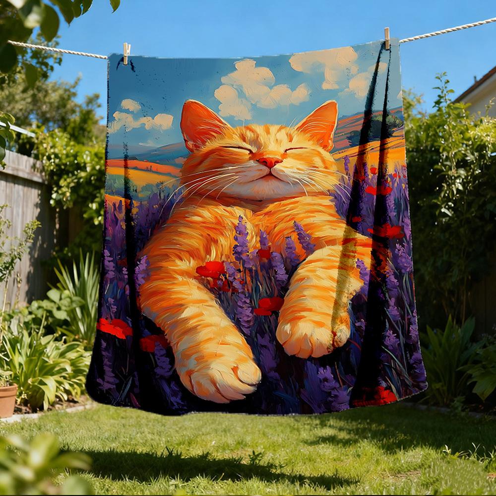 

1pc Lavender Field Cat Print Outdoor Soft Polyester Flannel Throw Blanket Versatile for All Seasons , Soft , Cozy , Warm All Season Quilted Throw , 80x120cm