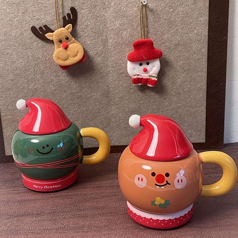 Festive Green/Orange Christmas Cups , Hand Wash Only, Insulated Ceramic with Santa and Reindeer Designs, Non Slip, Reusable for Hot and Cold Drinks