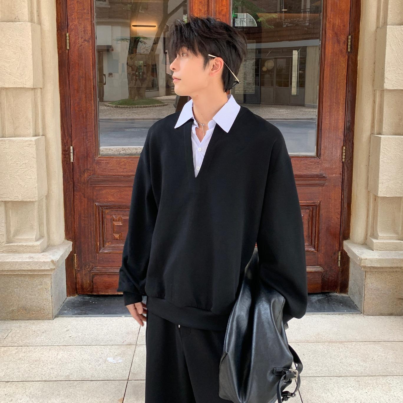 

Autumn & Winter High Street Trendy Two-Piece Patchwork Striped Collar Hoodie - Men s Fashion Casual Top Large чорний