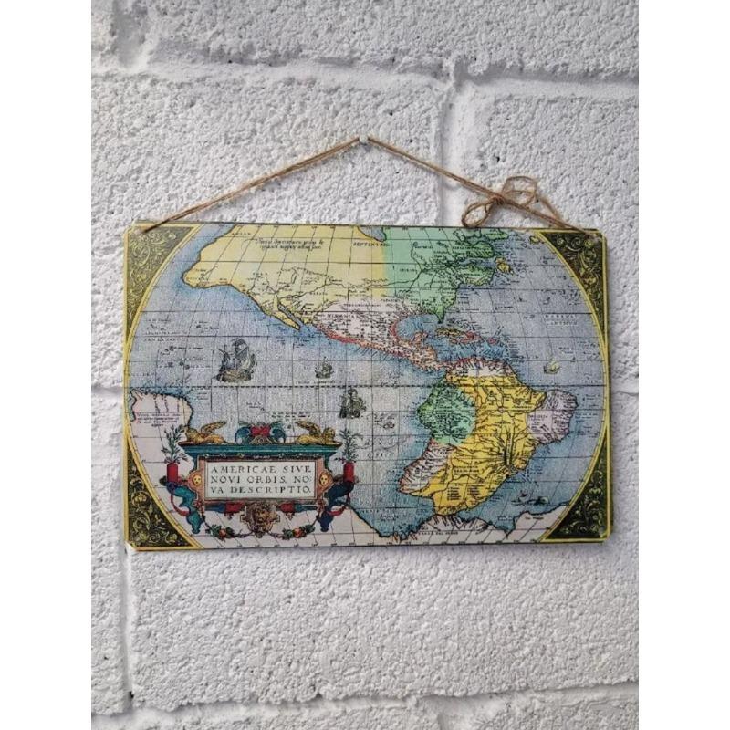 Vintage World Map Tin Sign, Antique Metal Wall Decor
