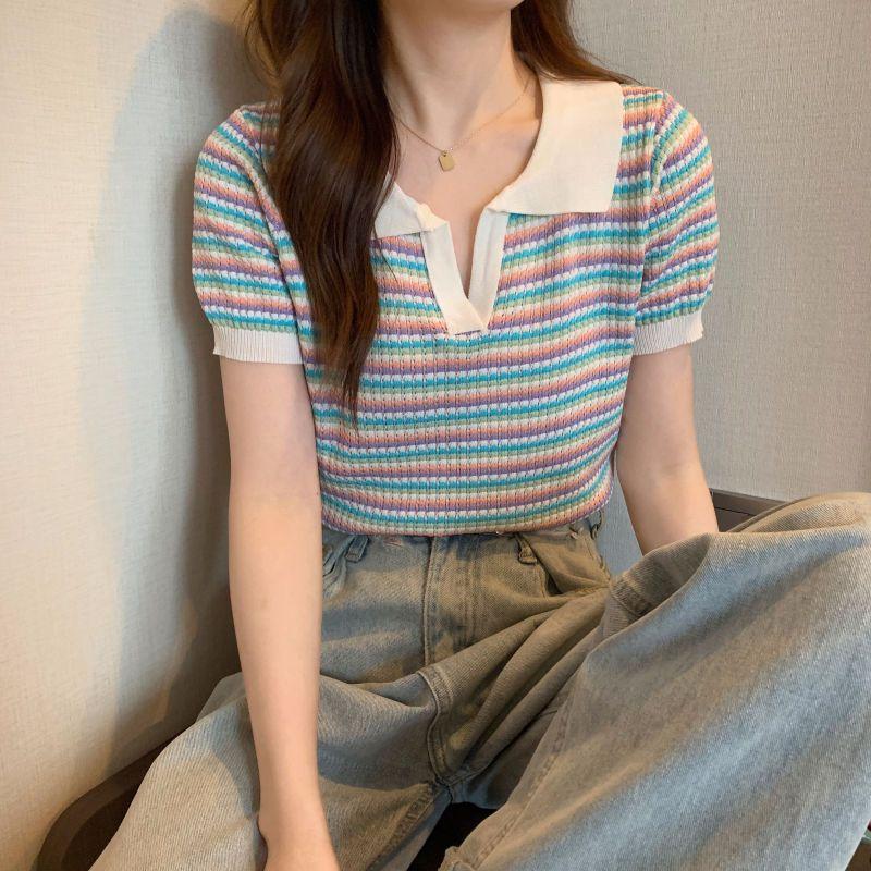 Striped Thin Ice Silk Knitted Sweater Polo Collar Short Sleeved T-shirt for Women's Summer Short Top