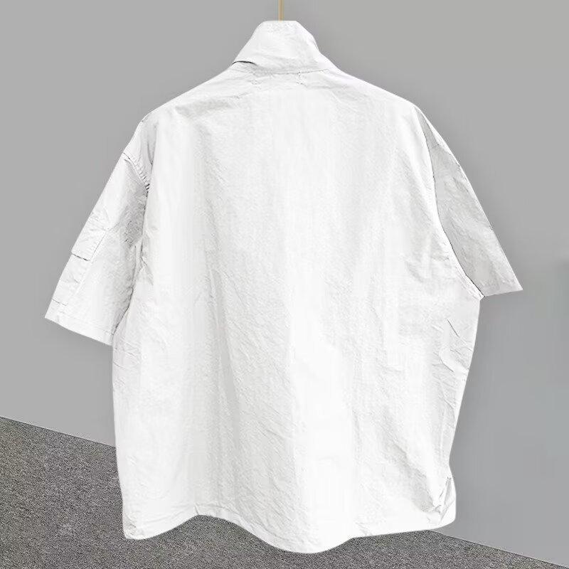 Solid Color Tooling Stand-up Collar Jacket Men's Korean Version Trendy Versatile Handsome Loose Semi-zipper Design Short Sleeves