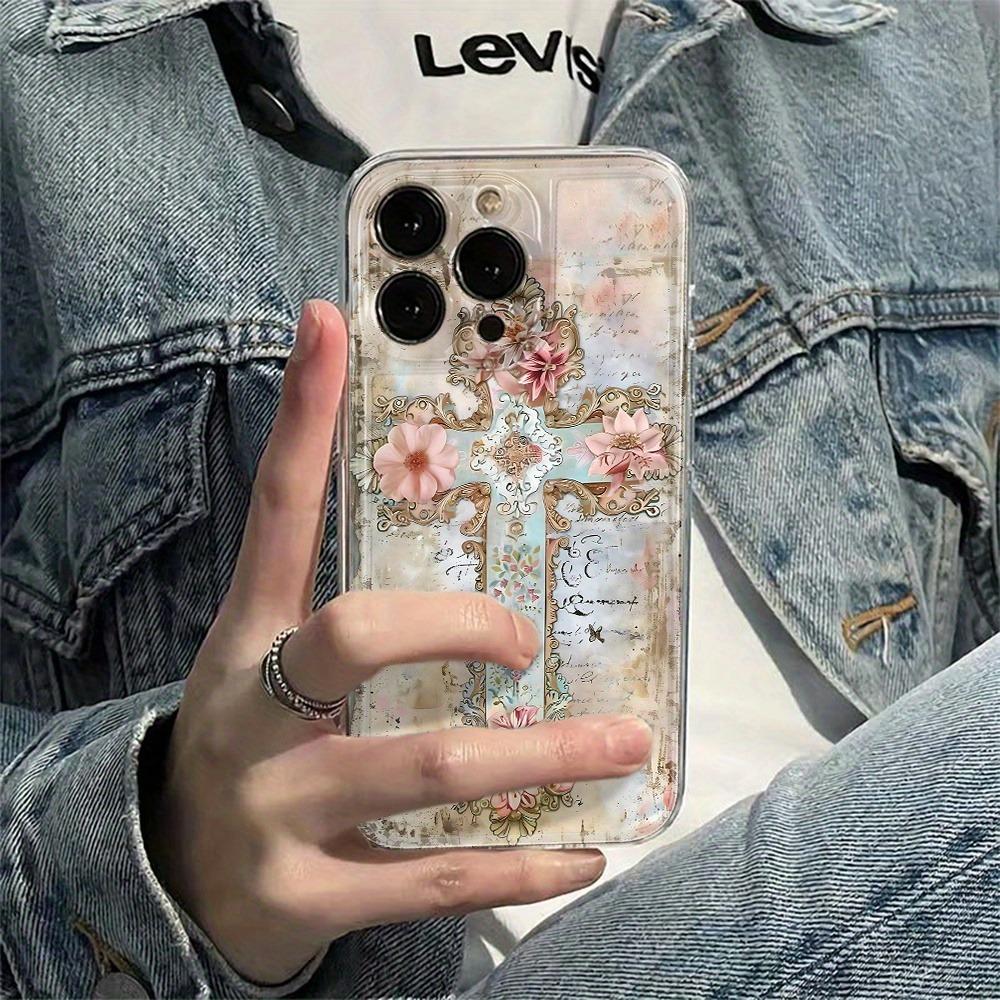 Creative Cross Floral Pattern Transparent Space Phone Case, Suitable for iPhone 17, 16, 15, Plus, Pro, Max Series Phones - Ideal for Gifting