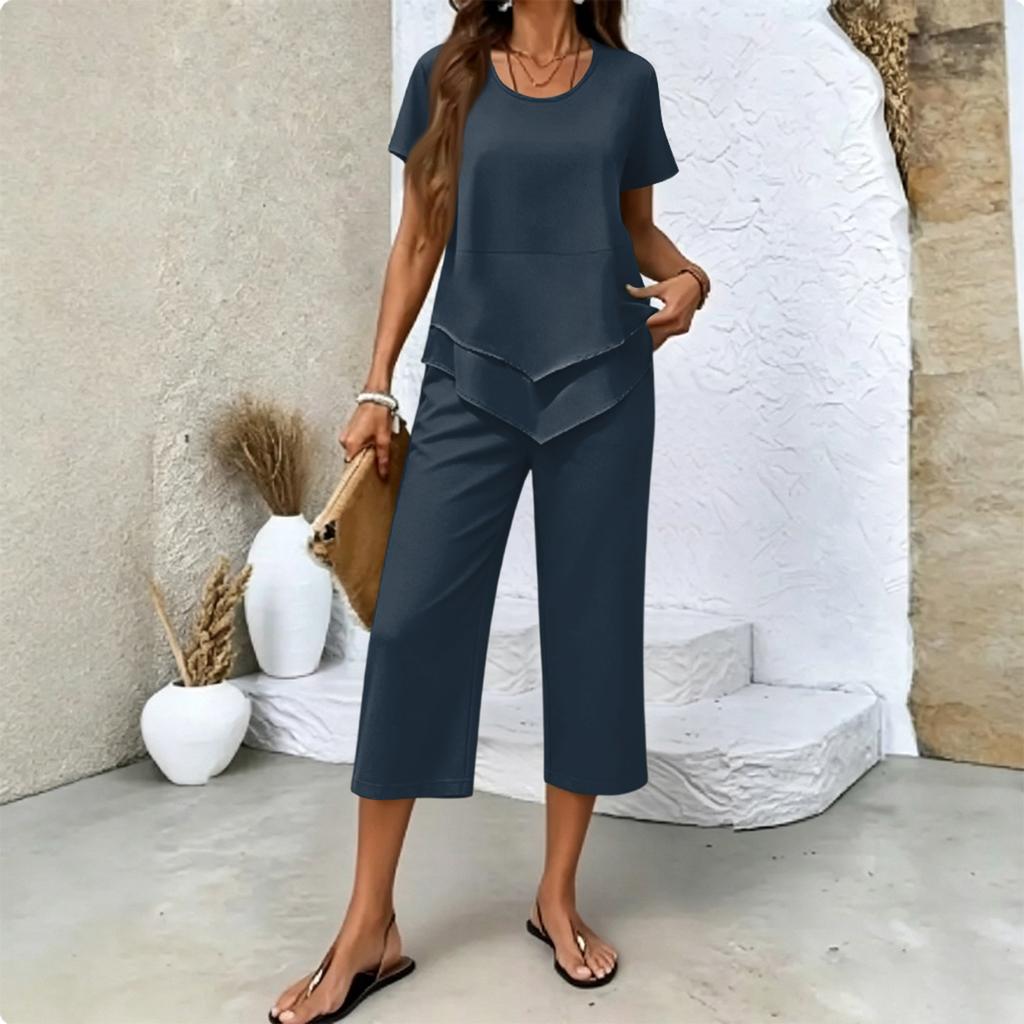 Women's Casual Two Piece Set Short Sleeve Round Neck Top with Layered Hem and Cropped Wide Leg Pants Comfortable Lounge Outfit