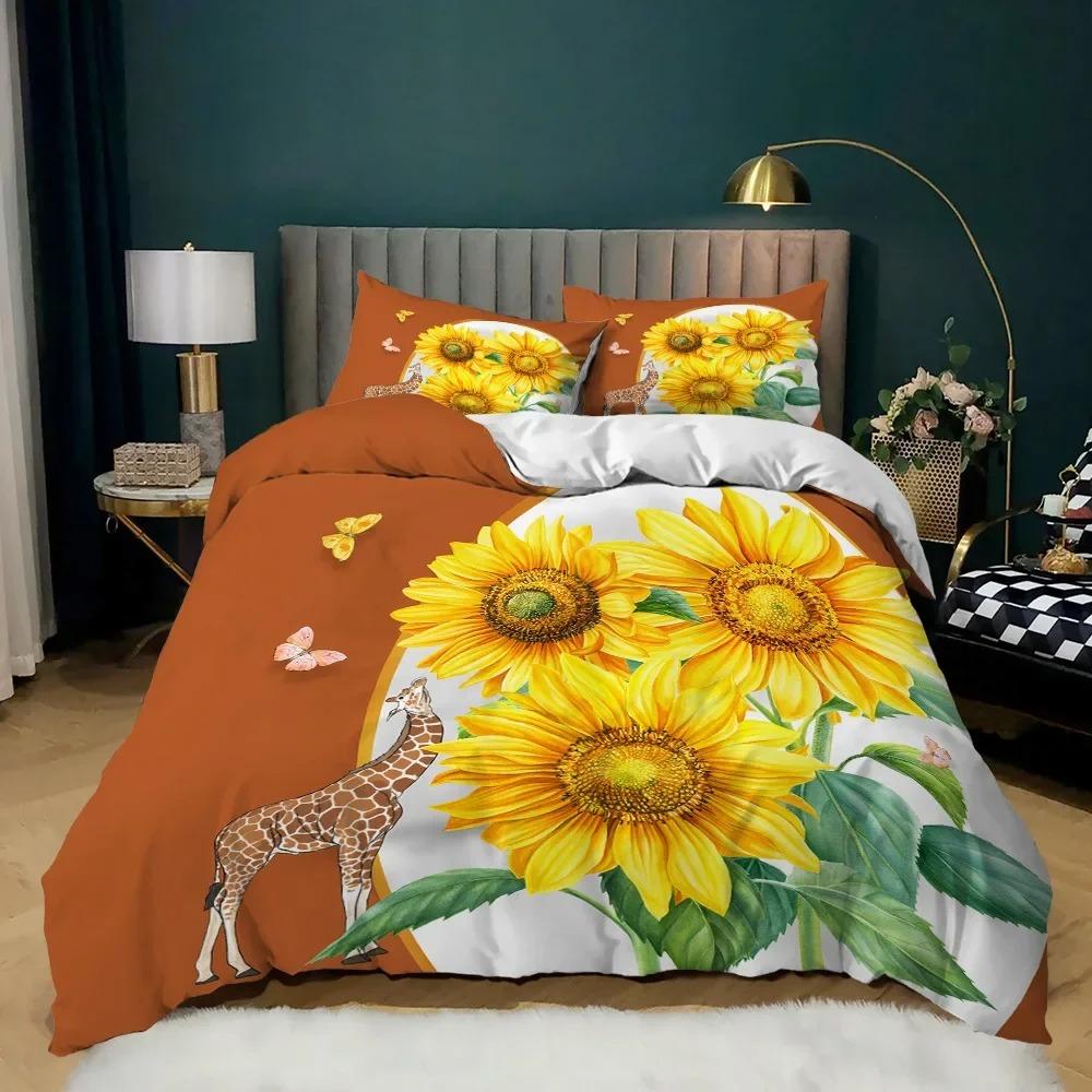 Sunflower Cow Bedding Set Kids Yellow Floral Cattle Duvet Cover King/Queen Size for Girls Teens,Western Bull Decor Quilt Cover