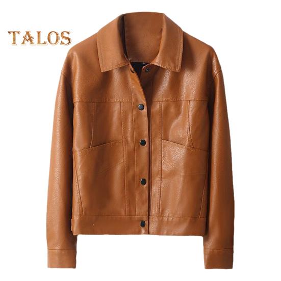 

Женская куртка из искусственной кожи с гладкой поверхностью, отложным воротником, однобортная, с длинными рукавами, карманами, ретро-пальто для мотоцикла, для офиса, для поездок на работу и путешествий L коричневый