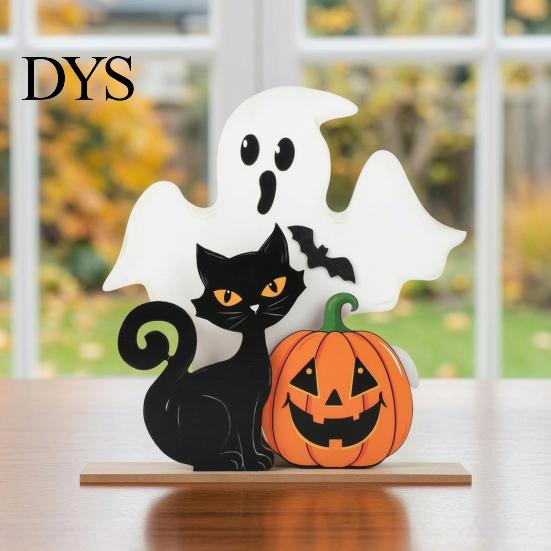 Holiday Window Display Items Halloween Table Decor, Wooden Black Cat Ghost Pumpkin Decorations Indoor Cute Small Signs Gifts, Room Decor for