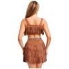 Womens Tribal Princess Set Off Shoulder Crop Top Mini Skirt Vintage Pattern Trim Tiered Tassel Faux Suede Costume