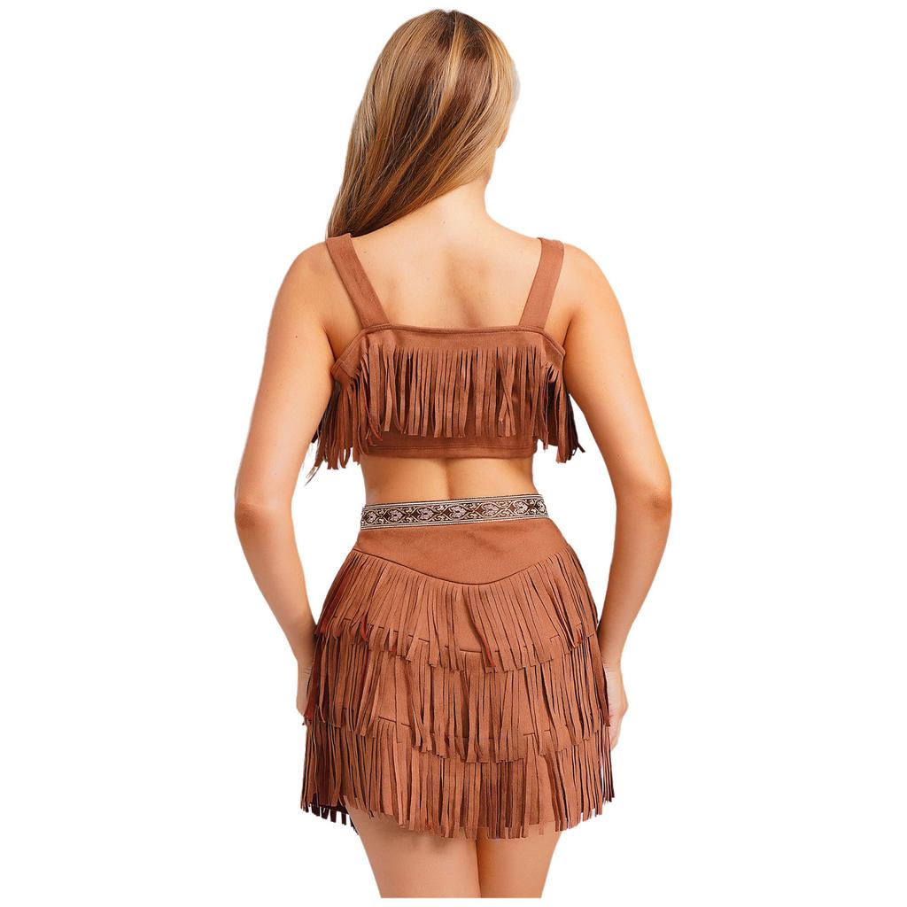 Womens Tribal Princess Set Off Shoulder Crop Top Mini Skirt Vintage Pattern Trim Tiered Tassel Faux Suede Costume
