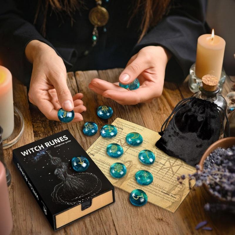 13Pcs Glass Runes Stone Irregular Divination Runes Stone with Instruction and Storage Bag Heal Gift Decoration