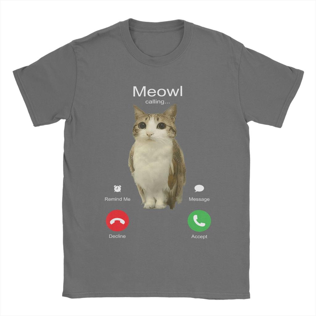 Men TShirt Meowl Is Calling Phone Call Meme Brainrot Funny Cat Owl Cotton Tees Short Sleeve T Shirts Round Neck Clothing