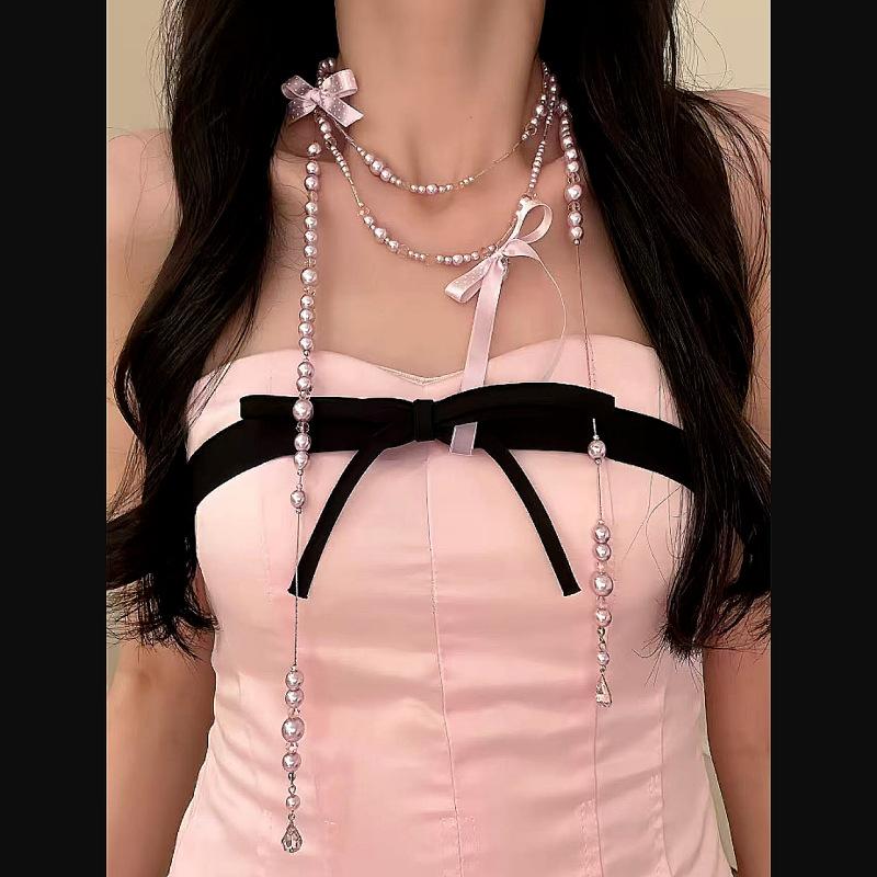 Elegant Multi Layered Pearl Ribbon Bow Layered Tassel Necklace Niche Sweet Drape Neck Chain Trendy Necklace Jewelry Accessories