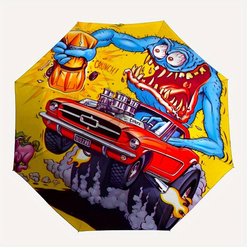Theme Yellow Rat Fink Mighty Mustang Automatic Open/CloseUmbrella CuteUmbrella with Cute Design, Portable 3 Fold Compact Umbrella for Men & Women