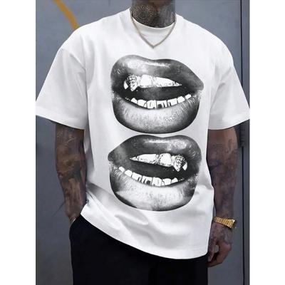 Manfinity EMRG A White Street Style Top With Full Black And White Mouth Pattern, Suitable For Summer Men's T-Shirt.