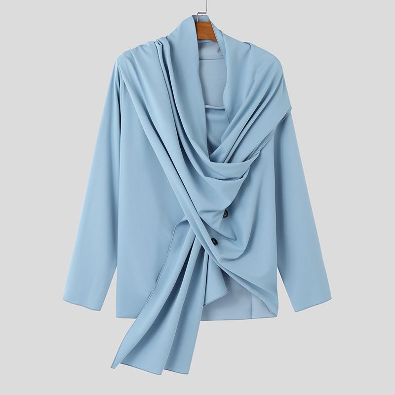 INCERUN Men Cowl Neck Long Sleeve Ruffled Loose Tops Front Cross Wrap Shirts