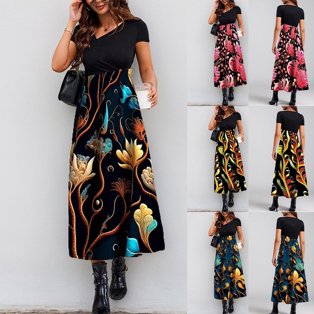 Women's Summer Maxi Dress 2025 Floral Wrap V Neck Puff Short Sleeve Ruffle Beach Resort Long Dresses
