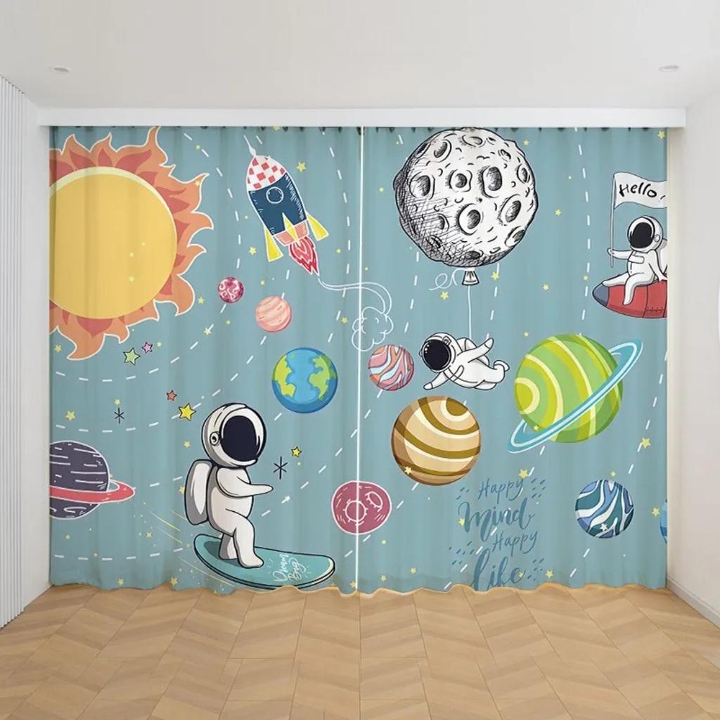 2 Panels Cartoon Space Curtains Cute Astronaut Rocket Moon Planet Printed Curtains for Children's Bedroom Window Blinds Cortinas