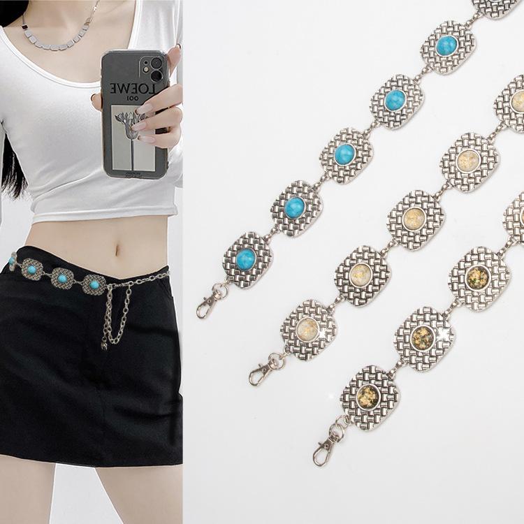 Turquoise Retro Waist Chain Women's Metal Chain Fashionable Personalized Waist Decoration Versatile Dress Belt Women