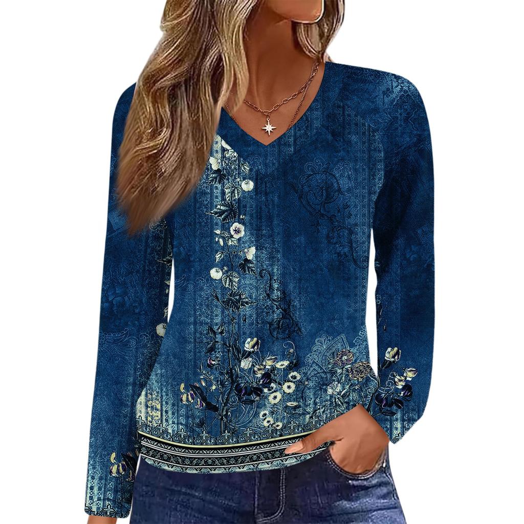 Women's Casual Fashion V-Neck Raglan Pleated Retro Printed Long Sleeve Top