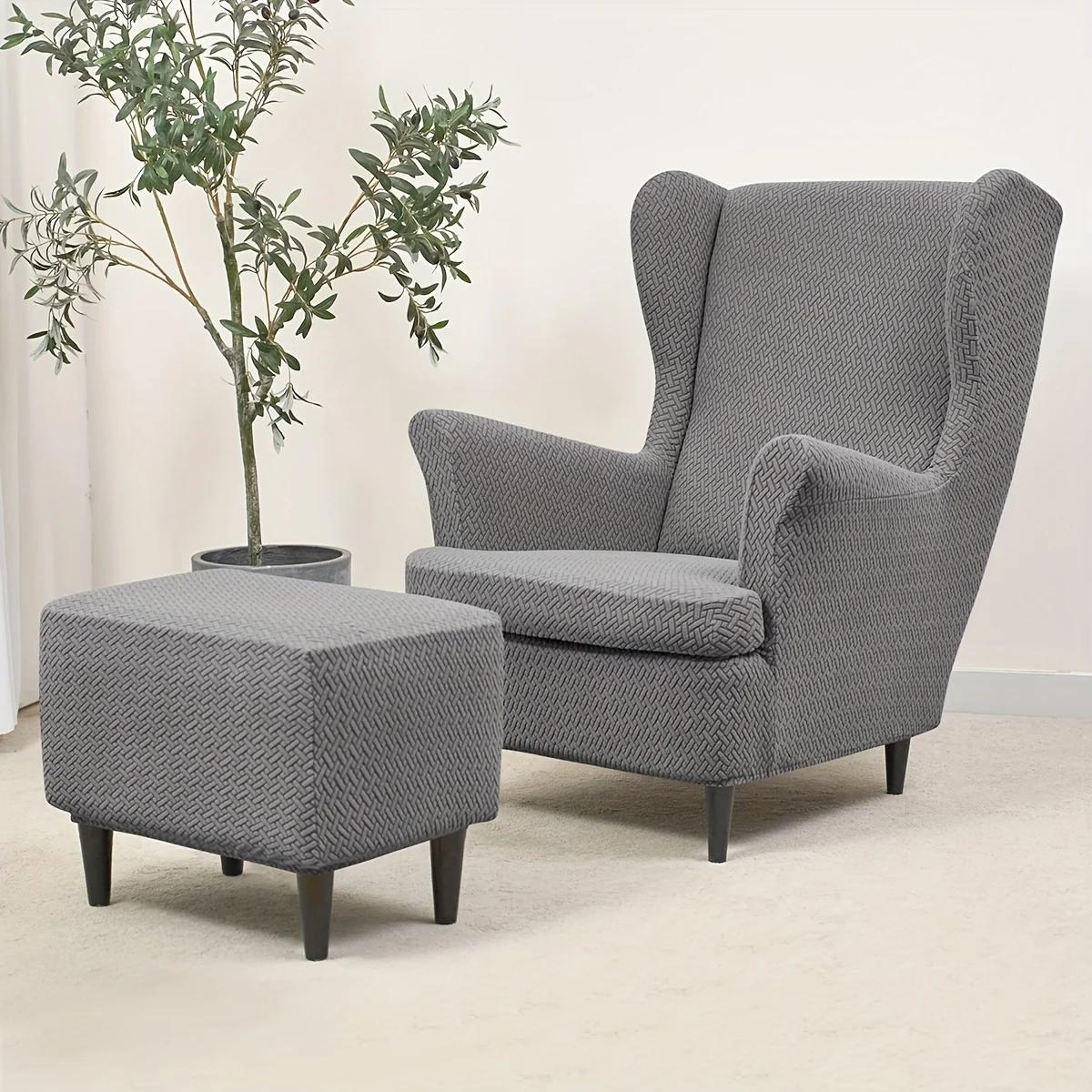 3-delige Stretch Wing Chair Cover Met Voetenbank Scandinavische Afneembare Fauteuil Bank Beschermhoes Set 3pcs set grijs