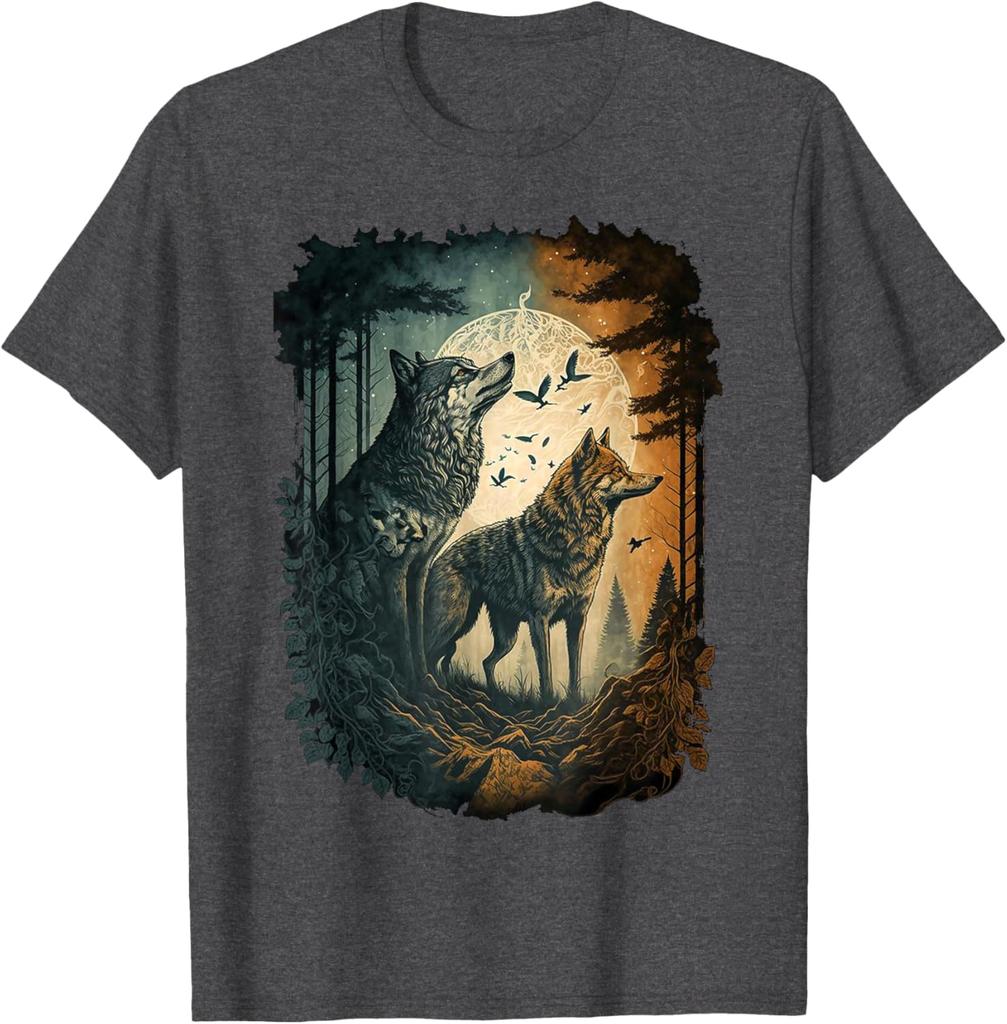 Wolf Howling Moon Forest Graphic Tee Men Women Casual Cotton Crew Neck T-Shirt Spring Autumn