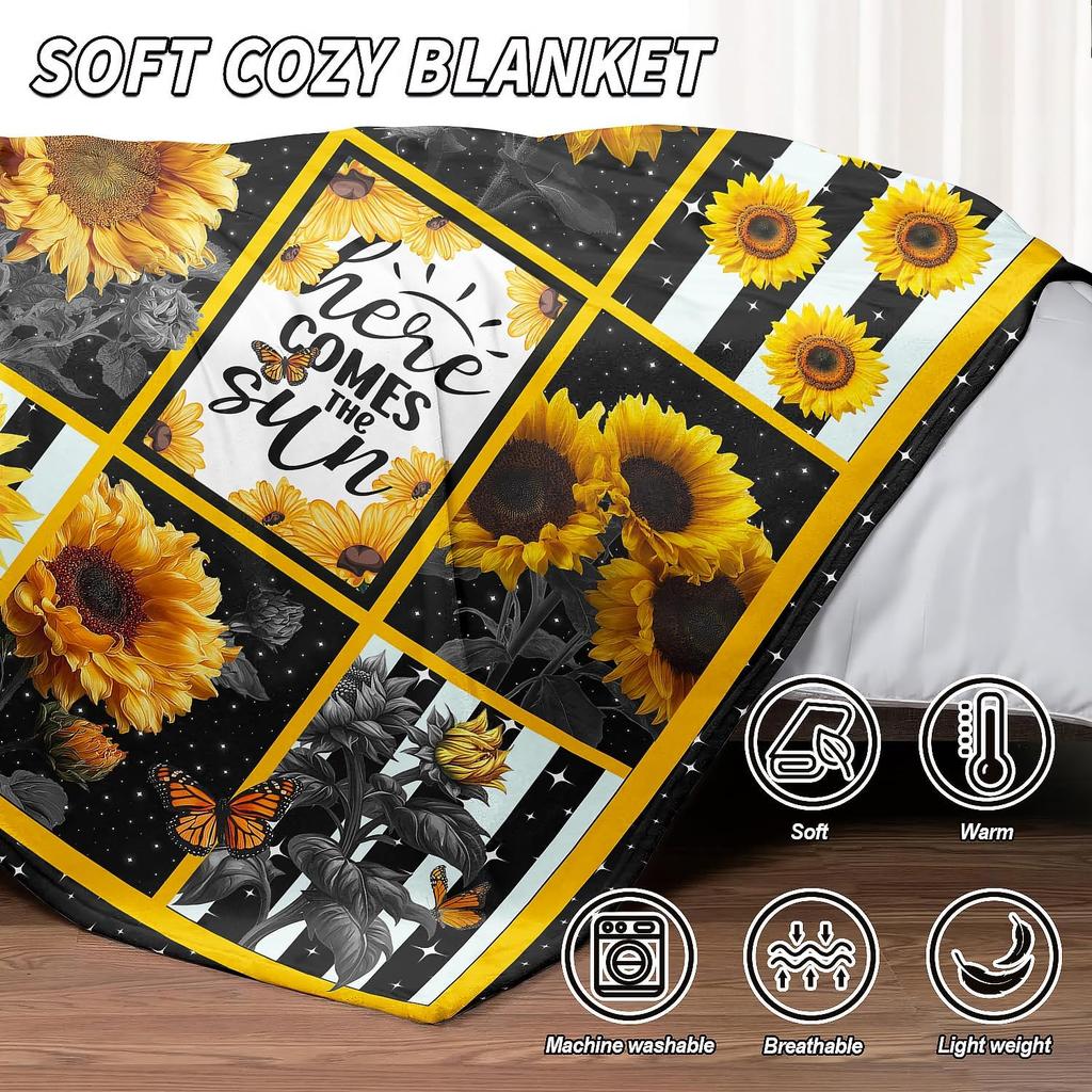 Here Comes The Sun Sunflower Butterfly Pattern Throw Blanket Bright Floral Design for Living Room Decor Gift for Her SunnyHome