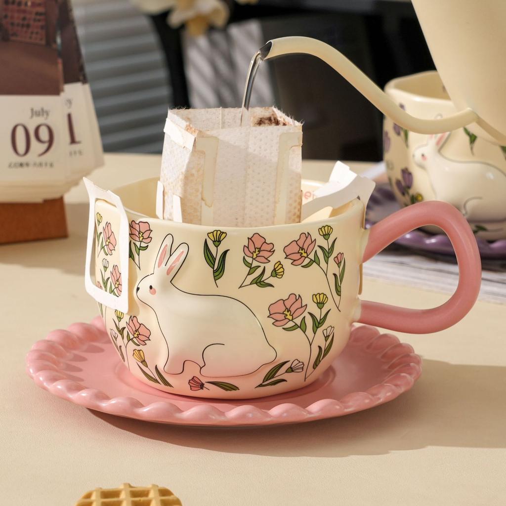 Creative flower rabbit coffee cup and saucer set high value gift mug design sense niche household ceramic cup