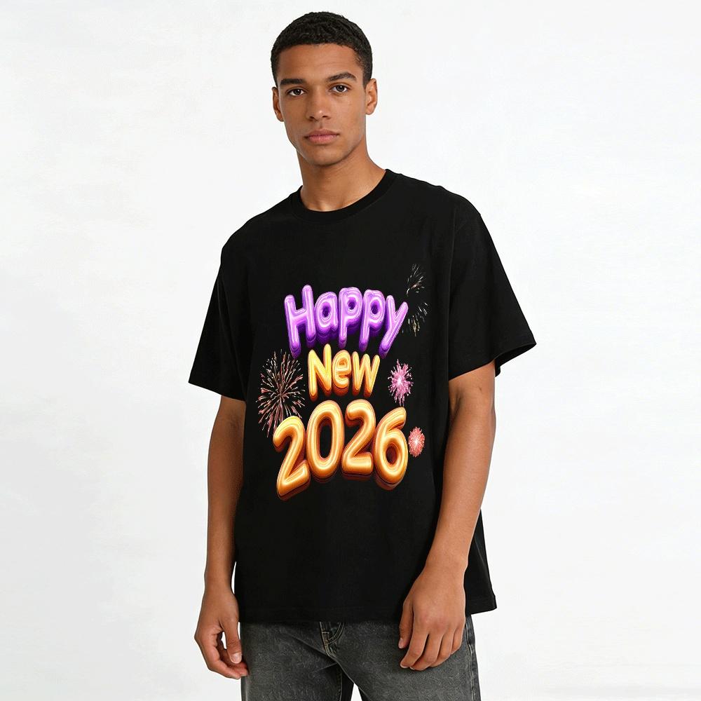 Happy New Year 2026 Printed Casual Loose Fit Top For Men Women Pure cotton T-shirt