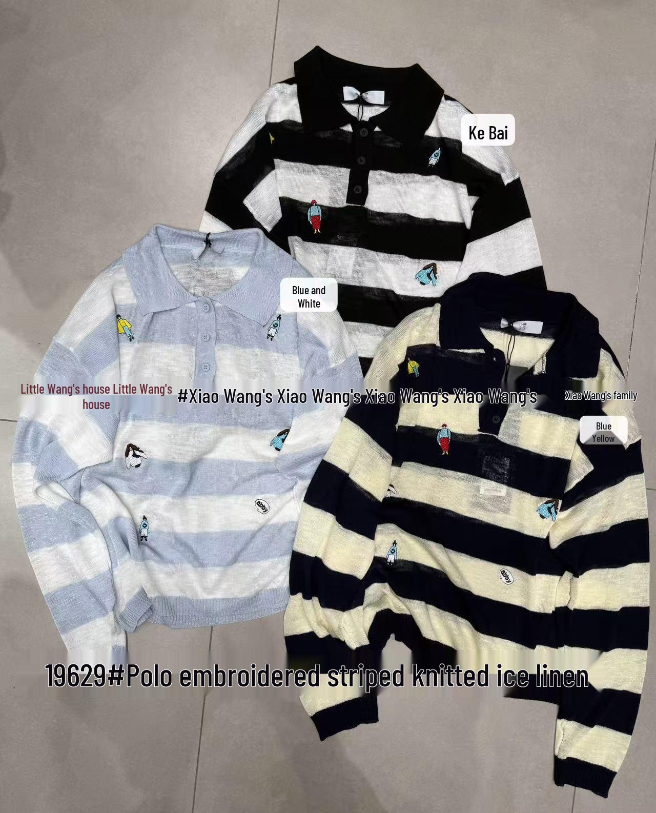 

Летний свободный трикотажный топ большого размера с вышивкой и полосками для защиты от солнца от Xiao Wang s 19629 Black-White