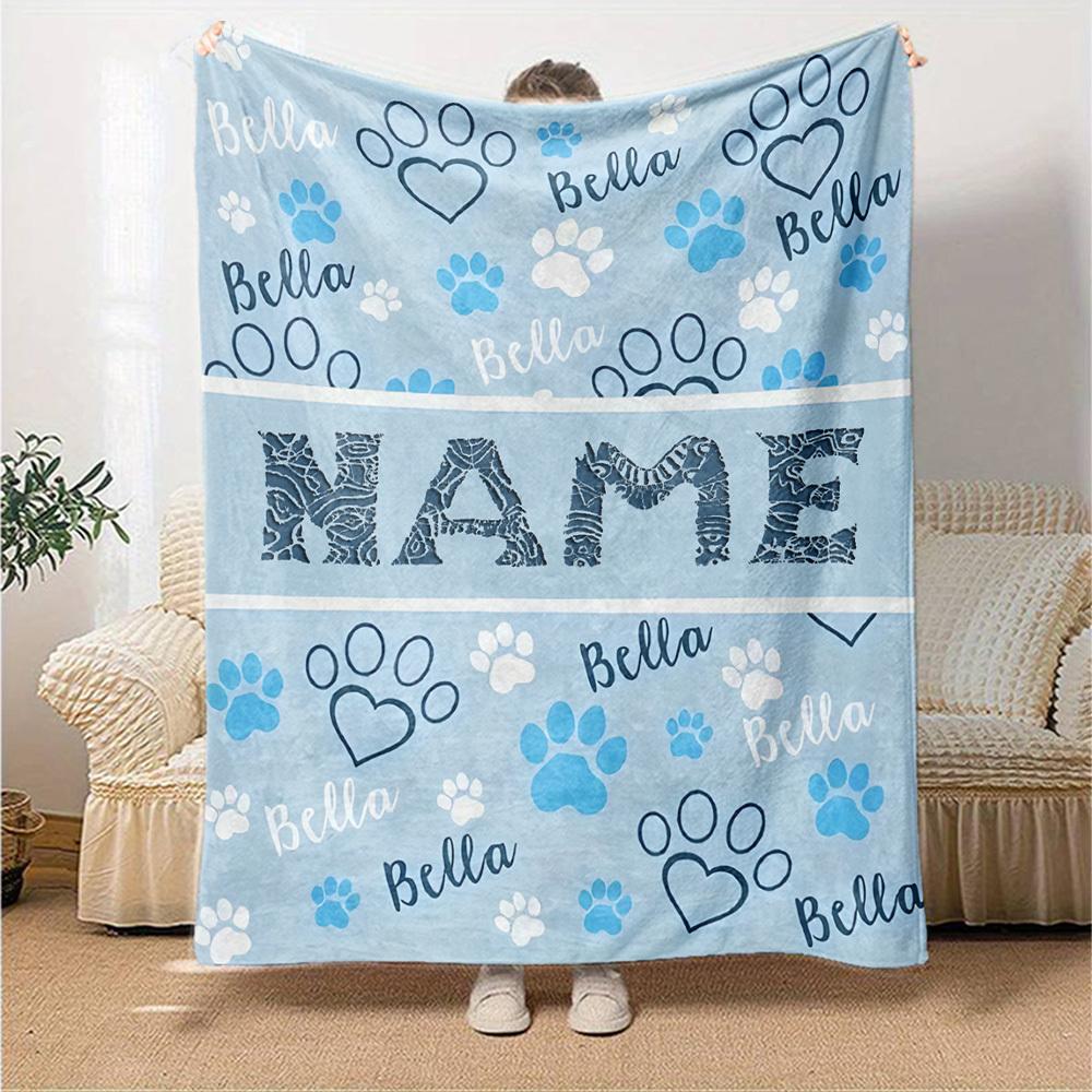 Paw Prints And Bella On A Blue Background With A Central Section Gift Personalized Blanket Customize Your Name Soft Cozy Throw For Sofa Couch Office
