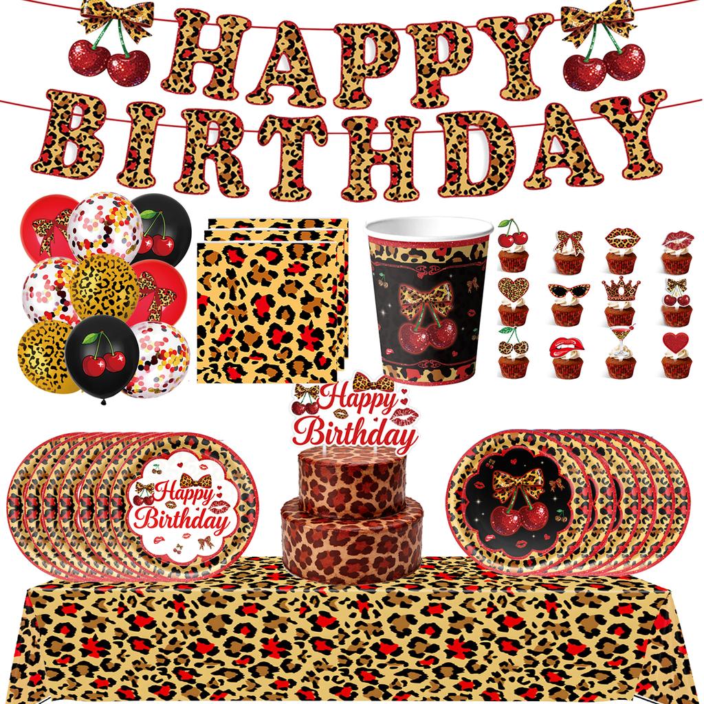 Pink Cherry Leopard Theme Birthday Party Decoration Plate Cup Balloon Banner Sexy Women Girls Shiny Photography Background Gifts