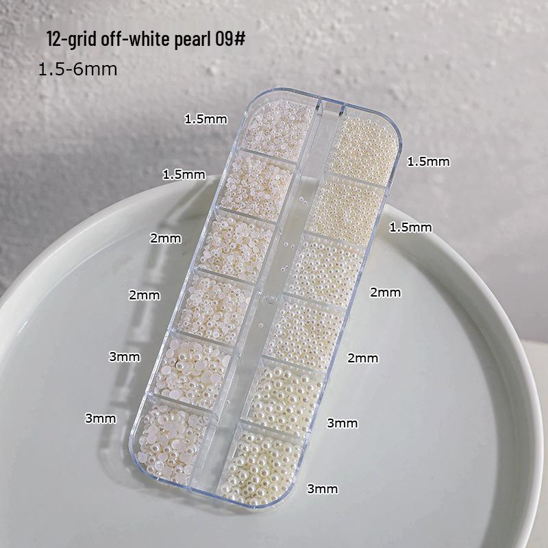 12-Grid Nail Art Pearls: Off-White Mixed Sizes, No Holes, Semi-Circular Boxed Decorations