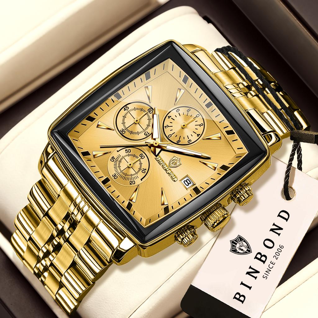 BINBOND Men Multifunctional Quartz Watch Three-Eye Six-Hand Business Stainless Steel Band Fashion Casual Wristwatch Reloj Hombre
