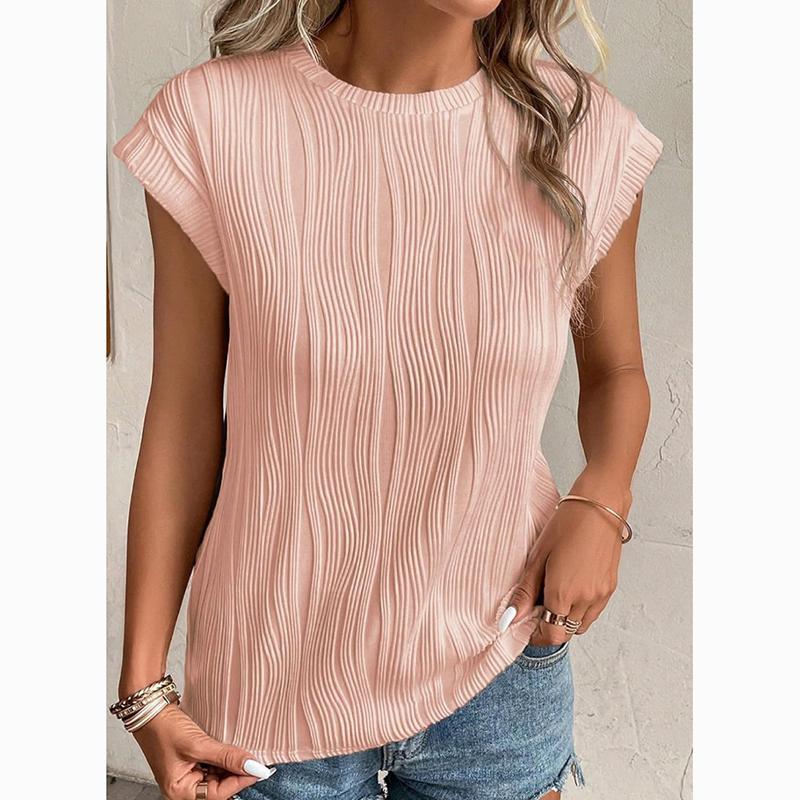 Fashion Tops Women Round Neck Pleated Slim Fit Summer T-shirt Short Flying Sleeve Blouse Women Solid Color Office Lady Tee Shirt 24135