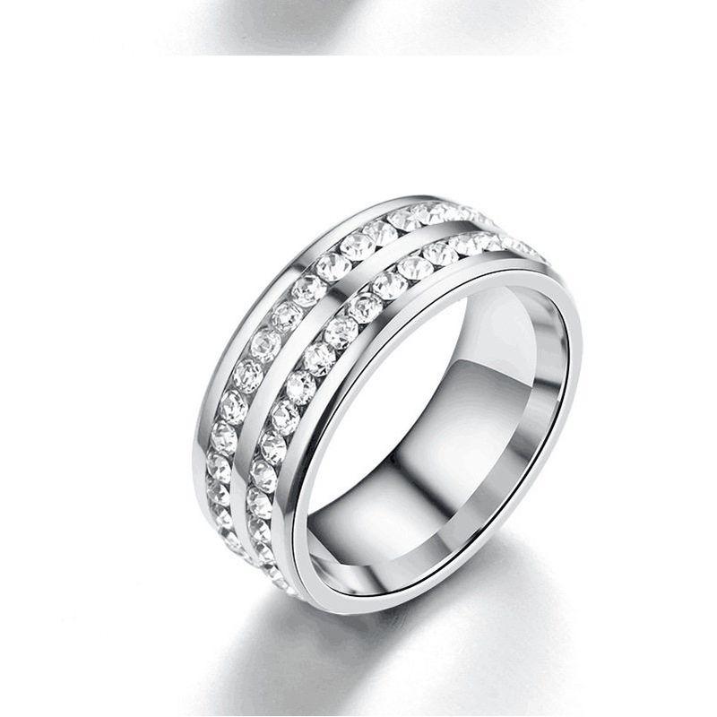 Popular Titanium Steel Double-Row Diamond Ring, Korean Style Fashionable Stainless Steel Diamond-Encrusted Couple s Finger Ring, Women s Jewelry Silver Size 8