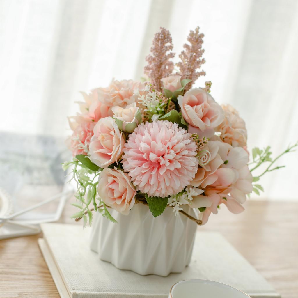 Artificial Flowers with Small Ceramic Vase Faux Roses Plants Eucalyptus Leaves Berries Flower Arrangements Decorations for Home