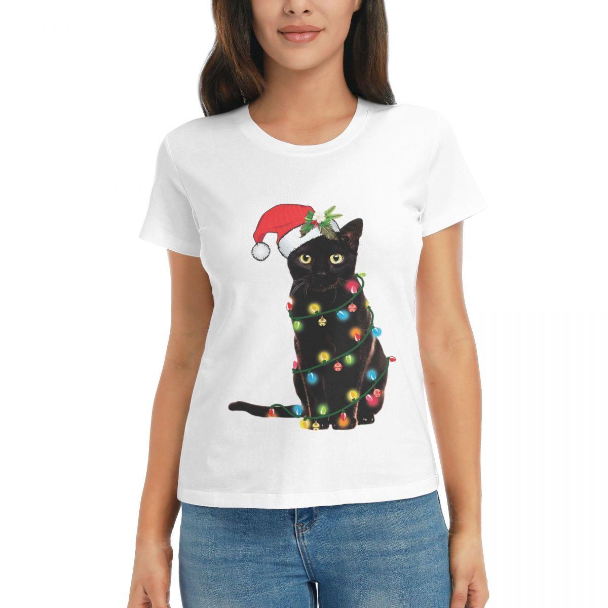 

WOMEN TShirt Black Santa Cat Tangled Up In Lights Christmas Santa Short Sleeve Tees ONeck T Shirts Clothes Tops Streetwear S