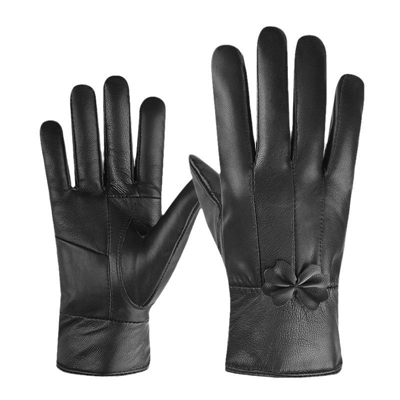 New Autumn and Winter Genuine Leather Gloves Women's Sheepskin Full Finger Fleece Warm Winter Cycling Gloves  Outdoor Skiing and Cycling