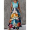 Women Sleeveless Dress Round Neck with 3D Print Long Maxi Dress for Summer Beach Vacation Casual Wear