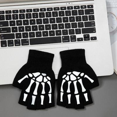 1 par Nuevos Guantes Punk Luminosos de Esqueleto de Calavera para Niños Halloween Invierno Manopla Negra sin Dedos de Calavera