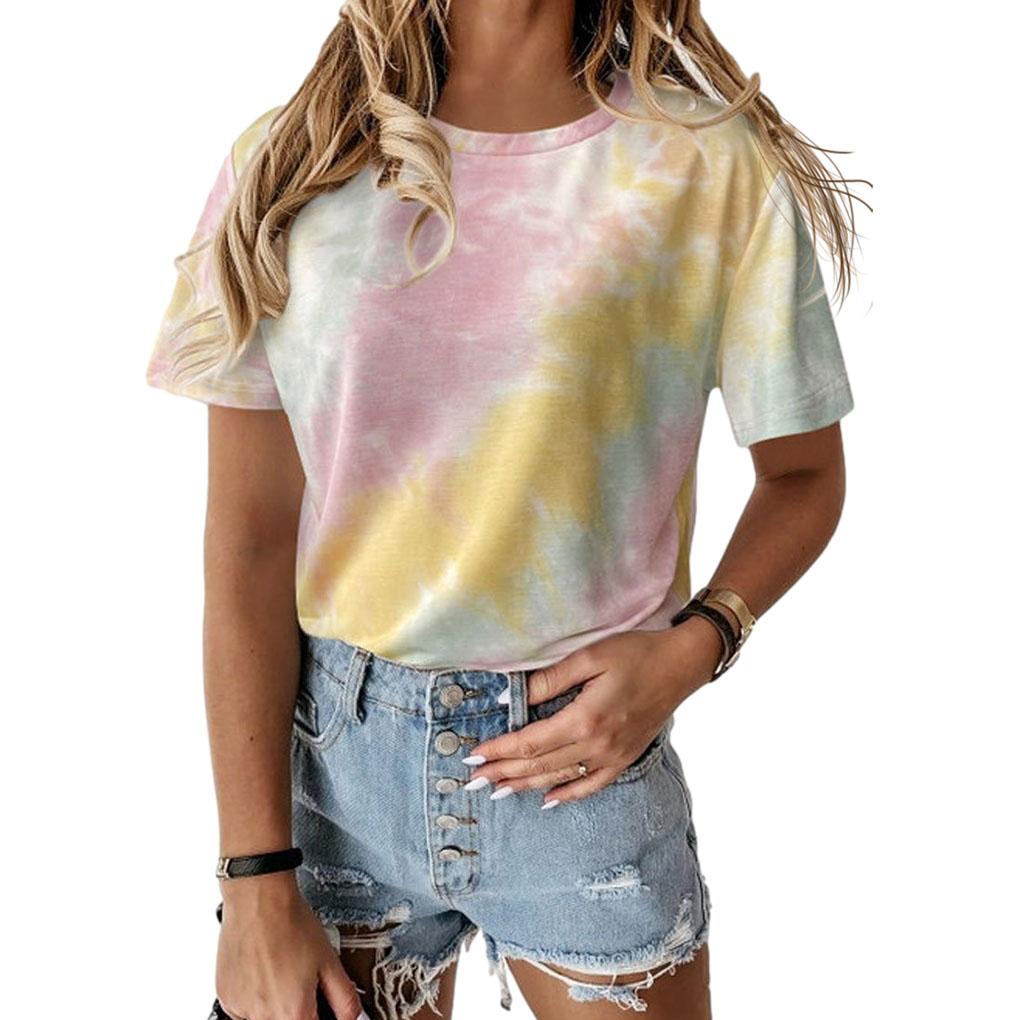 Women Tie-dye Printed Round Neck Short Sleeve Shirt