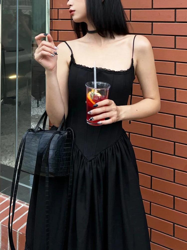Summer Casual Solid Lace Dress Trim A-Line Long Dress Slim Slash Neck Sleeveless Maxi Dresses for Women Fashion Ladies