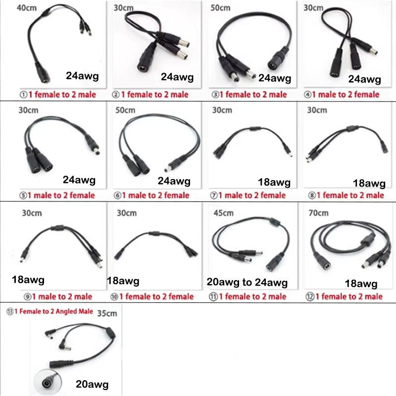 13 Types 12v DC Male Female Power Supply Splitter Adapter To 2 Way Dual Male Female Cable Plug 5.5*2.1mm 2.5mm 22awg 18awg Wire