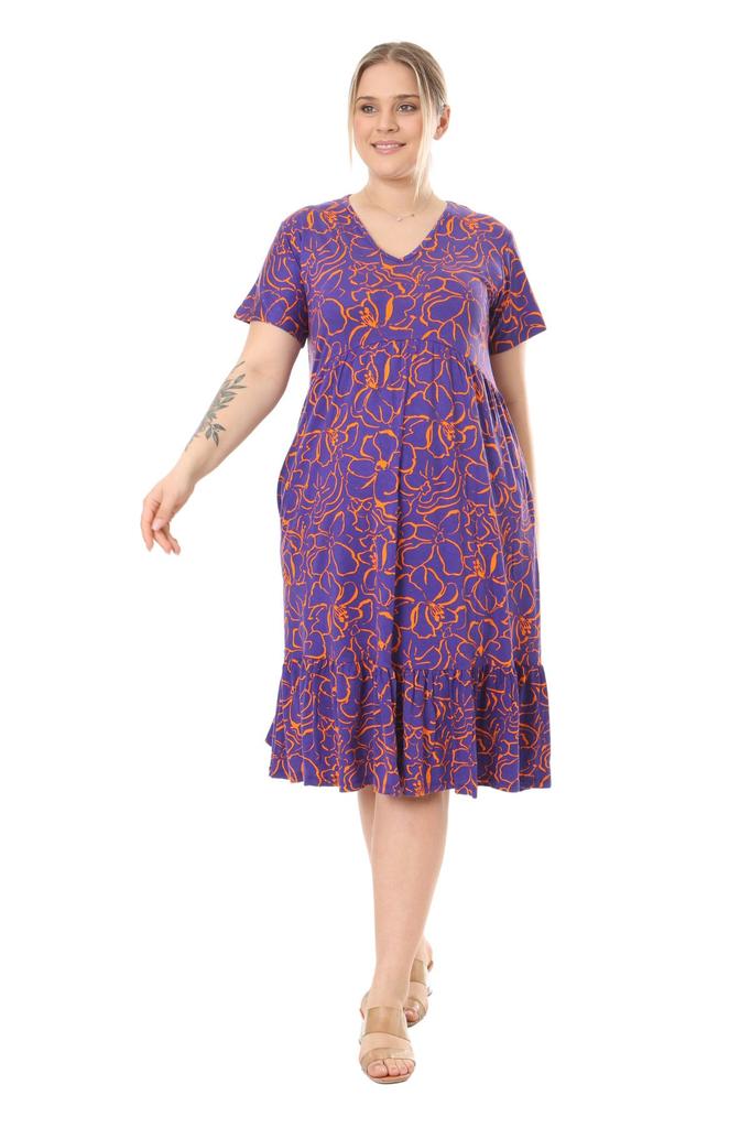 Women's Big Size Dress Purple Floral Pattern V-Neck Short Sleeve Ruffle Robe Dress
