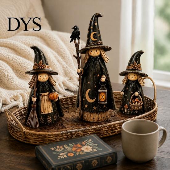 Retro Halloween Party Schreibtischdeko Holz Hexen-Ornamente, Antike Figuren, Tischdekorationen für Regale Dekoration mit Kürbisdesigns