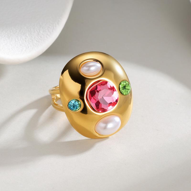 18K Gold Geometric Oval Zircon Open Ring - European & American Retro Style