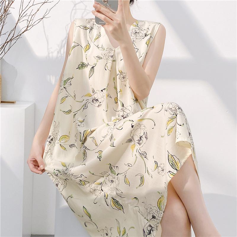 Cotton and silk sleeveless nightdress women's summer thin floral new super good-looking dress medium and long small fresh loungewear