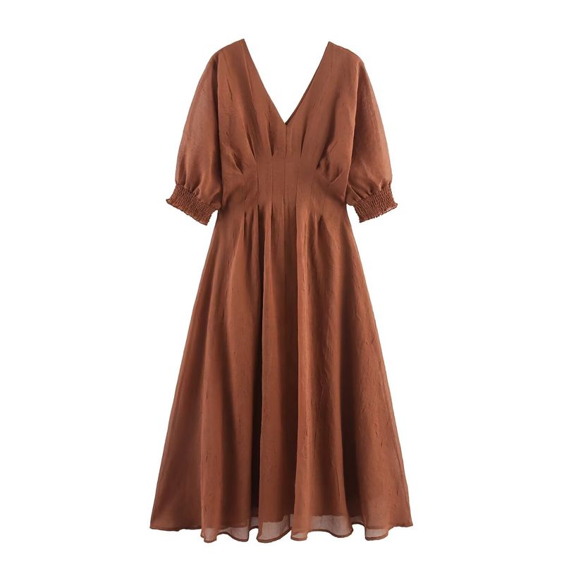 

Kaslead New Women clothes Western Style Fashion Simple Slimming Temperament V-neck Waist Hugging Dress Light brown XL