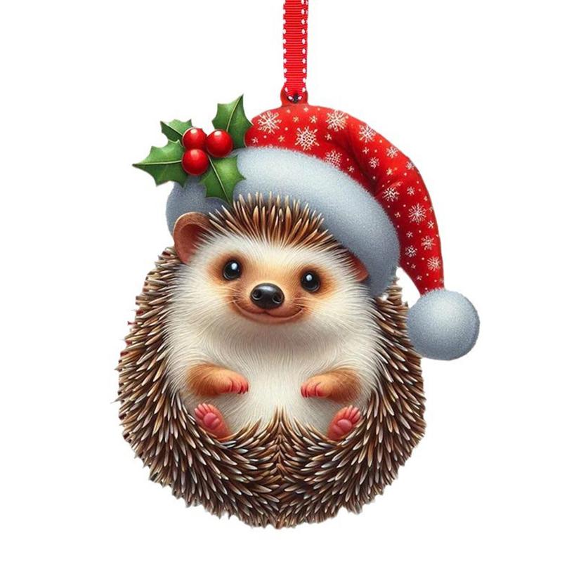 2D Christmas Squirrel Pendant Hedgehog Cat Pattern Decorative Acrylic Flat Ornaments Cartoon Animal Car Hanging
